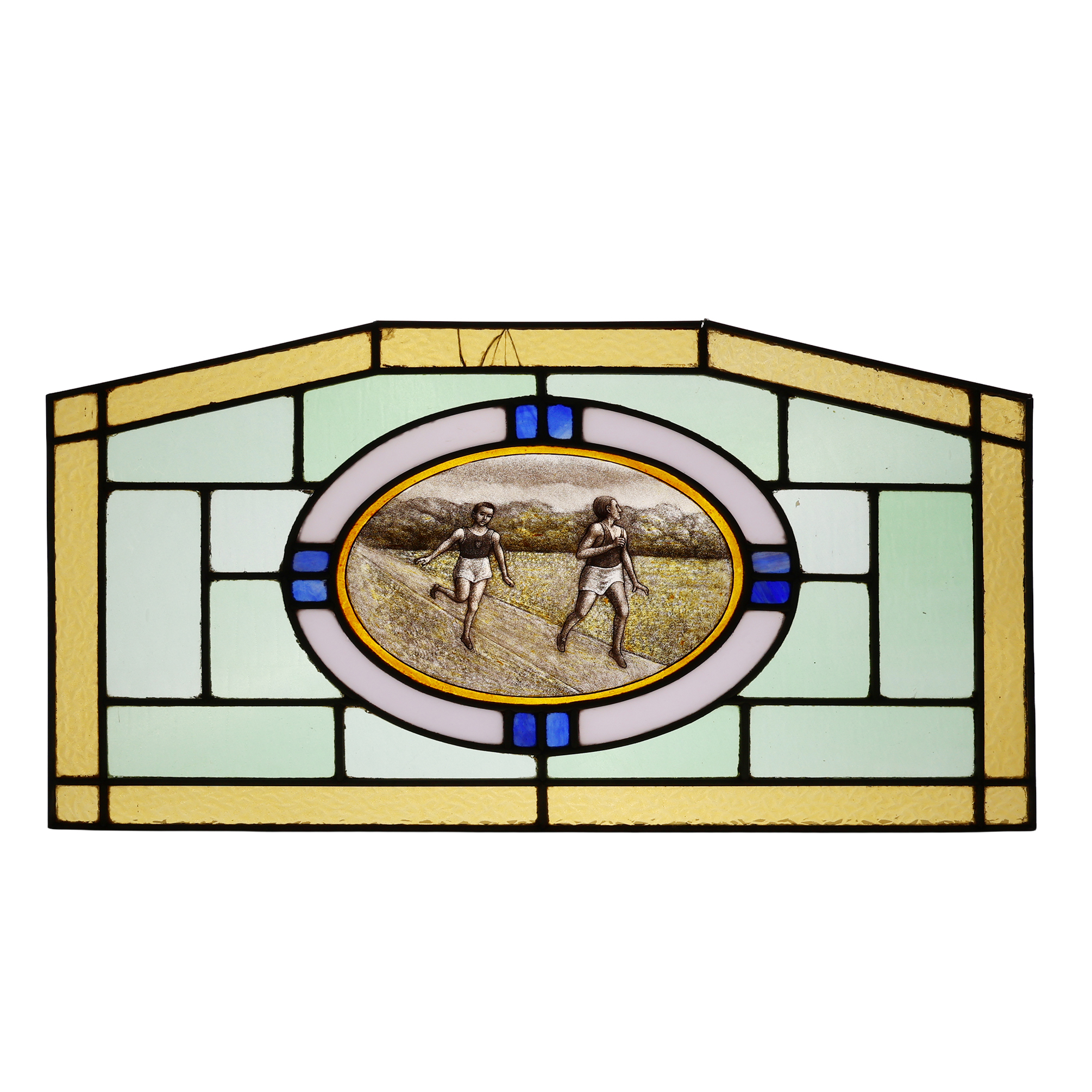 Art Deco Stained Glass Panel Depicting Runners in Motion, Belgium ca. 1910-img